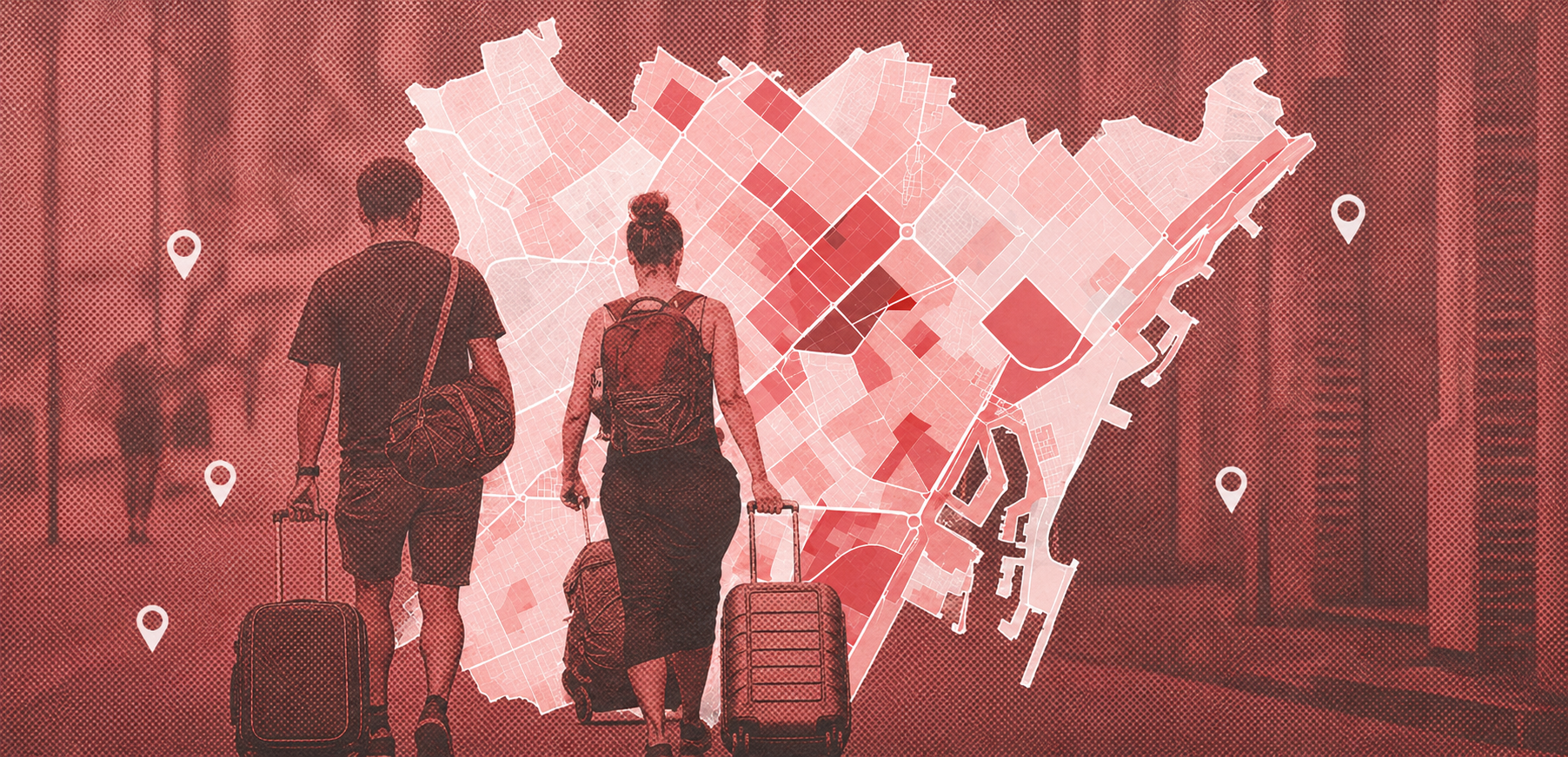 Il·lustració generada a partir d'una fotografia d'Ivan Giménez i un mapa dels pisos turístics a Barcelona